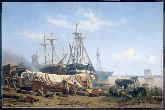 Johan Conrad Greive - Schafttijd op een scheepstimmerwerf aan de Maas, 1867